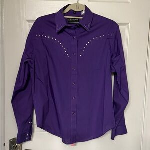 White Horse purple Rhinestone Pearl Snap Button Up Shirt Blouse Women M western